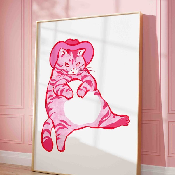 Cowboy cat wall pink print, cat in a cowboy hat poster, retro western cat, shipped wall print, funny kitten art, western room decor