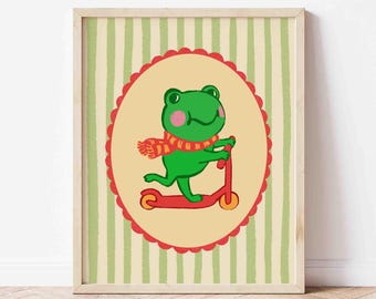 Frog on a scooter poster, funny toad, cute children's room art, trendy art print, animal print, green striped, unframed, shipped wall art
