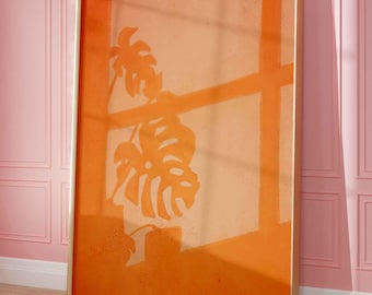 Plants shadow art poster, bright orange window light print, sunlit plant wall, unframed