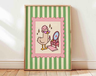 Coquette goose art print, green striped poster, girly pink bathroom decor, shipped wall art