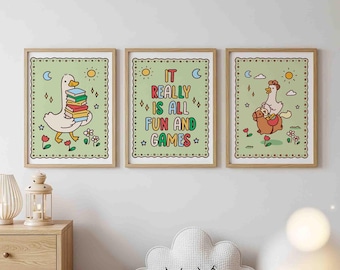 It really is all fun and games poster set of 3 prints, silly goose reading, cute cowboy goose on a horse drawing, unframed, shipped wall art