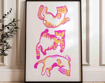Cats wall art print, cat poster in pink and orange, cute kitten illustration, cat lover gift, dopamine unframed shipped print, cat mom gift