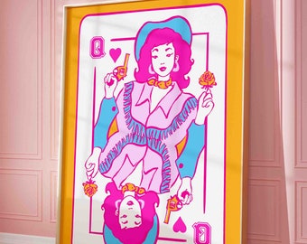 Cowgirl queen of hearts playing card print, preppy wall art, dorm room maximalist poster, trendy wall art, cowboy western unframed wall art