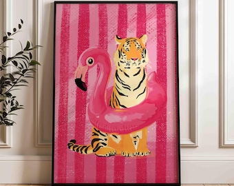Tiger art print, flaming floater, modern animal print, dark green home decor, aesthetic artwork, pink and orange painting, shipped wall art