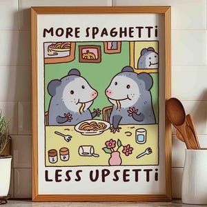 Possums eating spaghetti poster, more spaghetti less upsetti, retro diner poster, pasta foodie art print, italian kitchen trendy art print,