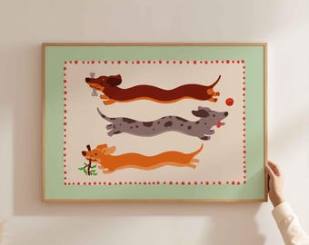 Dachshunds playing poster, funny doxie art, children's room decor, trendy art print, wiener dog art, horizontal, unframed, shipped wall art