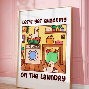 Laundry wall art, cute bathroom poster, funny wash room poster, duck doing laundry decor, silly goose colorful posters, shipped wall art, bild 3