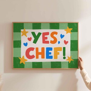 Yes chef digital print, hand written quote wall art, green checkers frame, colorful kitchen decor gift, cute bistro print, instant download