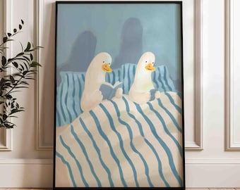Goose reading a book poster, funny animal on the phone, blue stripes bedroom wall decor, silly geese in bed print, unframed shipped wall art