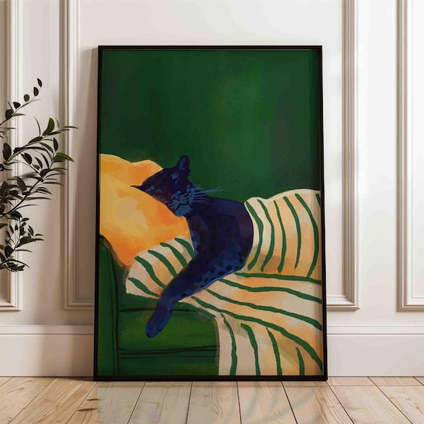 Emerald green black panther art print, modern animal painting, dark green home decor, aesthetic artwork, shipped wall art
