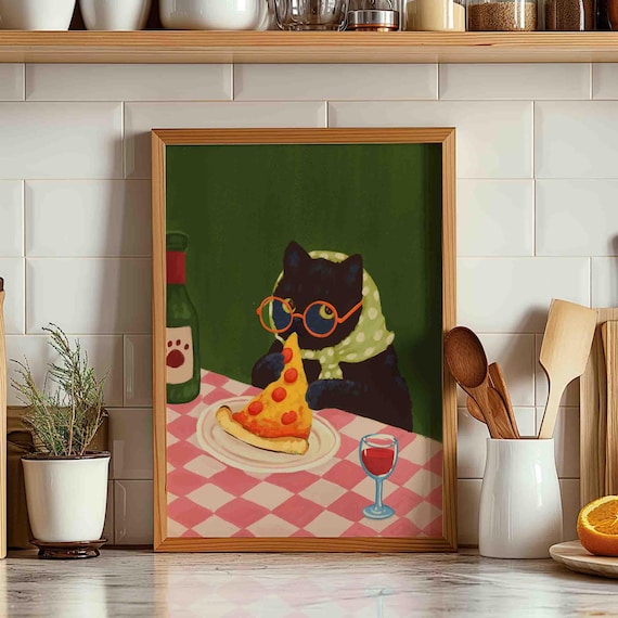 Black cat eating pizza print, whimsical cat mom gift, italian food and wine poster,