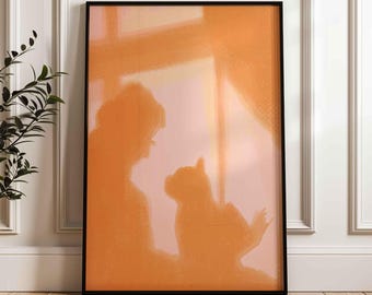 Abstract Woman Reading With A Cat Shadow Poster, Orange Window Light Art Print (Unframed)