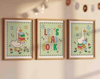 Let's read books posters, set of 3 prints, silly goose reading, hand drawn illustrations for kid's play room, unframed, shipped wall art