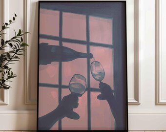Wine Glass Shadow Poster, Greyish Blue Window Light Art Print (Unframed)
