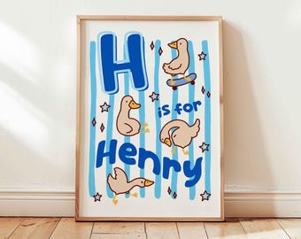 Custom Name Initial Goose Poster, Blue Stripes Nursery Art (Unframed)