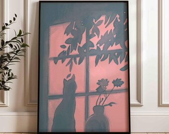 Cat and Flower Shadow Art Poster, Muted Blue Pink Window Light Wall Art (Unframed)