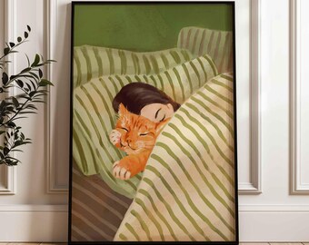 Cat sleeping art print, modern animal print, woman asleep, dark emerald green aesthetic artwork, hand drawn painting, shipped wall art