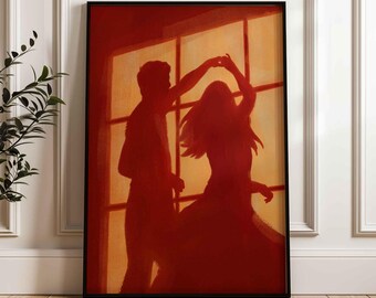 Póster de pareja bailando con sombra, lámina artística con luz ámbar suave (sin marco)