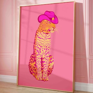 Impresión de pared de leopardo, póster de leopardo rosa y naranja, póster de pared de vaquero colorido, arte de pared enviado, decoración de pared de vaquero de gato, arte de pared de dopamina