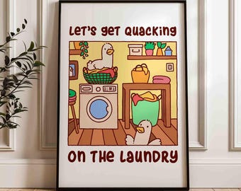 Laundry wall art, cute bathroom poster, funny wash room poster, duck doing laundry decor, silly goose colorful posters, shipped wall art,