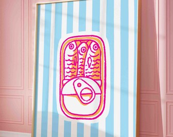 Sardine tin vintage poster print, retro sardine wall art, hand drawn fish print, colorful kitchen art, maximalist poster, shipped wall art
