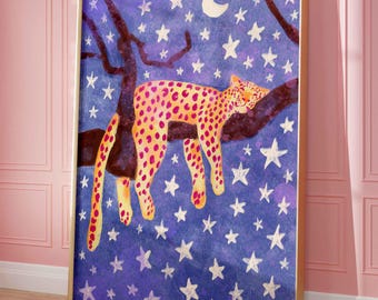 Leopard sleeping poster, modern animal print, dreamy home decor, aesthetic artwork, blue and orange painting, shipped wall art, unframed