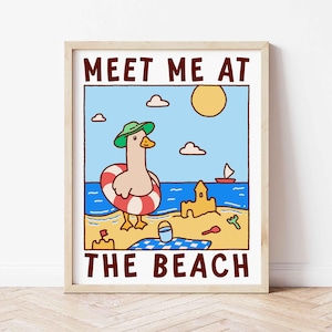 Duck at the beach poster, cute and quirky print, colorful beach art print, trendy coastal wall art, silly goose, unframed shipped wall art