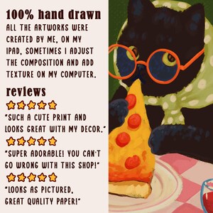 May include: An illustration of a black cat wearing glasses and a scarf, eating a slice of pizza. The image includes text that reads "100% hand drawn" and customer reviews. The artwork is created on an iPad.