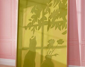 Cat and Flower Shadow Art Poster, Green Window Light Wall Art (Unframed)
