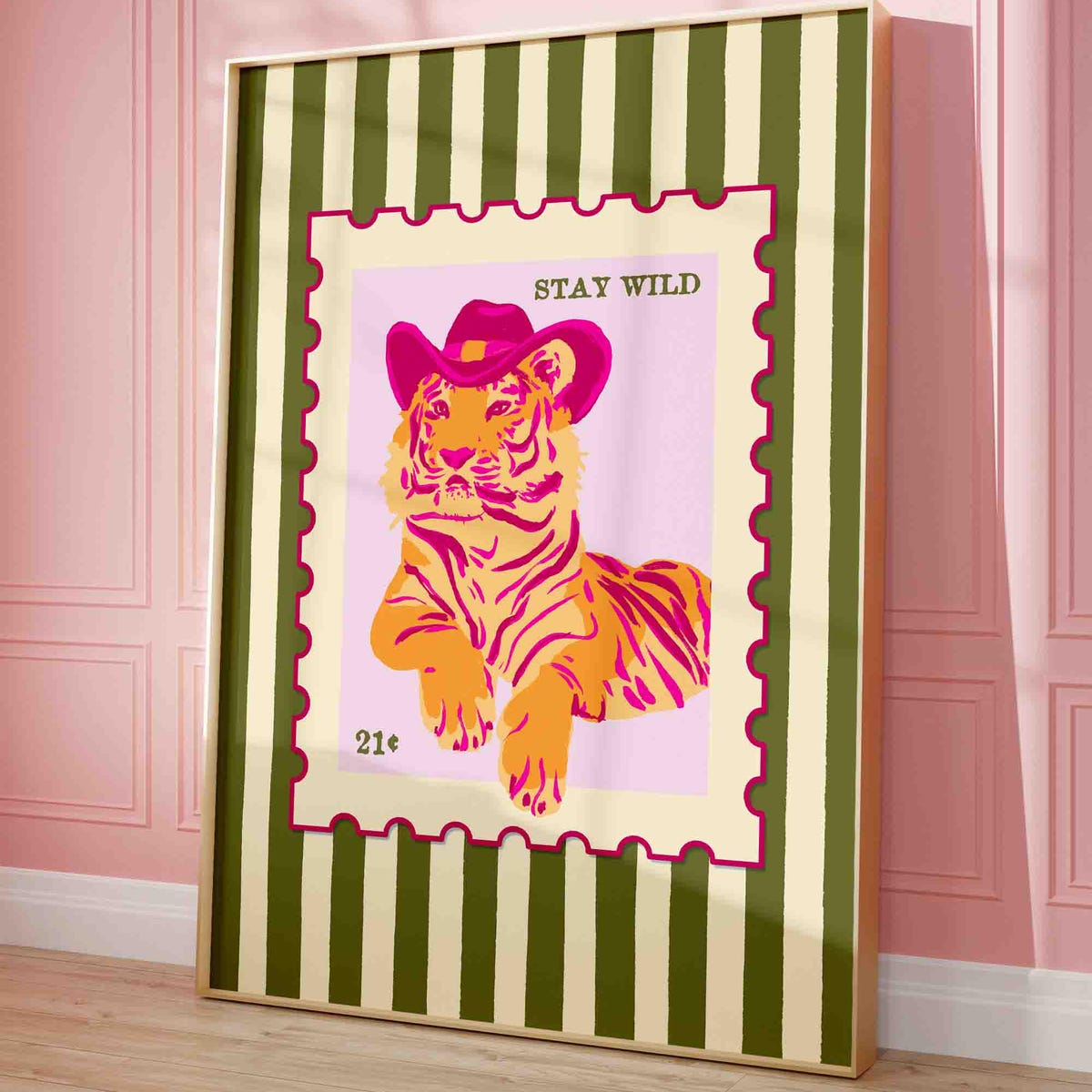 Tiger wall print, pink and orange tiger poster, tiger cowboy wall art print, green stripes art, cat cowboy wall decor, dopamine wall art