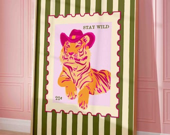 Tiger wall print, pink and orange tiger poster, tiger cowboy wall art print, green stripes art, cat cowboy wall decor, dopamine wall art