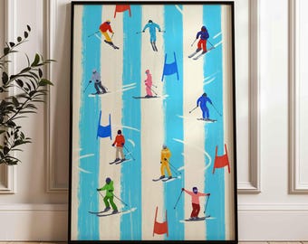 Abstract Blue Striped Ski Poster, Retro Winter Sport Art Print (Unframed)