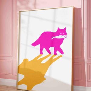 Impresión artística de gato, póster rosa de gato con pez, arte de pared de gato divertido, impresión de pared enviada, arte de gatito divertido, obra de arte estética, impresión artística de sardina