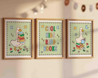 Cool kids read books posters, set of 3 prints, silly goose reading, hand drawn illustrations for kid's play room, unframed, shipped wall art