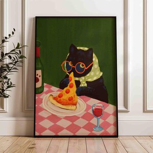 Black cat eating pizza print, whimsical cat mom gift, italian food and wine poster, image 8