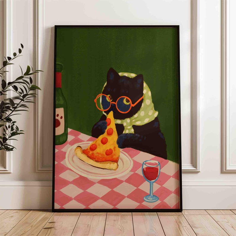 Black cat eating pizza print, whimsical cat mom gift, italian food and wine poster, image 8