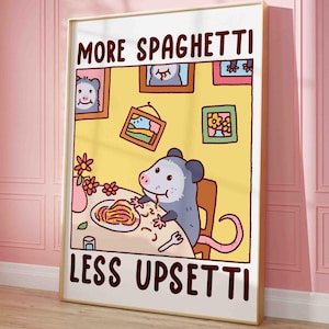 Possums eating spaghetti poster, more spaghetti less upsetti, retro diner poster, pasta foodie art print, italian kitchen trendy art print,