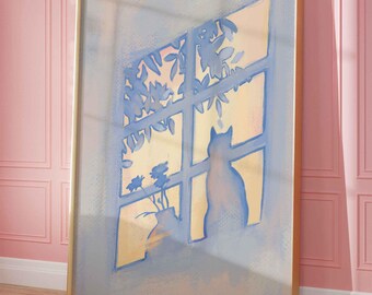 Cat and flower shadow art poster, pastel blue window light print, sunlit plant wall, unframed
