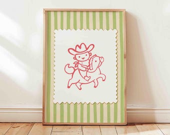 Cute cowboy on a horse poster, cute children's room art, trendy art print, funny kids playroom decor, hand drawn, unframed, shipped wall art