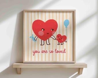 You are so loved poster, nursery wall art, kids play room decor, beige stripes print, retro style hearts, square, unframed, shipped wall art
