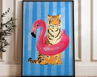 Tiger art print, flaming floater, modern animal print, dark green home decor, aesthetic artwork, blue and orange painting, shipped wall art