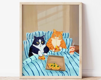 Black tuxedo and orange cats eating pizza print, modern animal print, cosy art, blue stripes home decor, aesthetic blue and beige painting