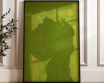 Póster abstracto de la sombra de Papá Noel, lámina artística con luz nocturna para ventana verde (sin marco)