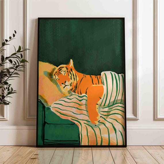 Emerald green tiger art print, modern animal print, dark green home decor, aesthetic artwork, green and orange painting, shipped wall art