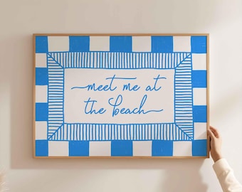 Meet me at the beach poster, coastal quote print, hand written phrase art, beach house decor, blue striped prints, unframed, shipped art
