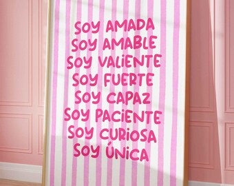 Affirmations in Spanish Print, Pink Striped Poster, Play Room Decor (Unframed)