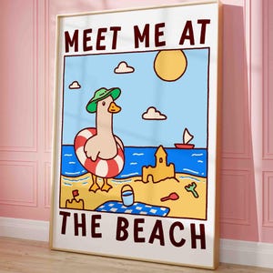 Duck at the beach poster, cute and quirky print, colorful beach art print, trendy coastal wall art, silly goose, unframed shipped wall art