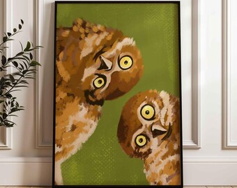 Owls staring poster, cute bird illustration print, quirky hand drawn animal painting, whimsical wall decor, unframed, shipped wall art