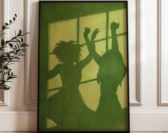 Póster abstracto de figuras femeninas bailando con sombras, lámina artística con luz de ventana verde (sin marco).