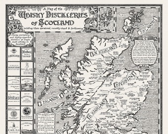 Carte des whiskies écossais dessinée à la main • Impression d'art par Manuscript Maps